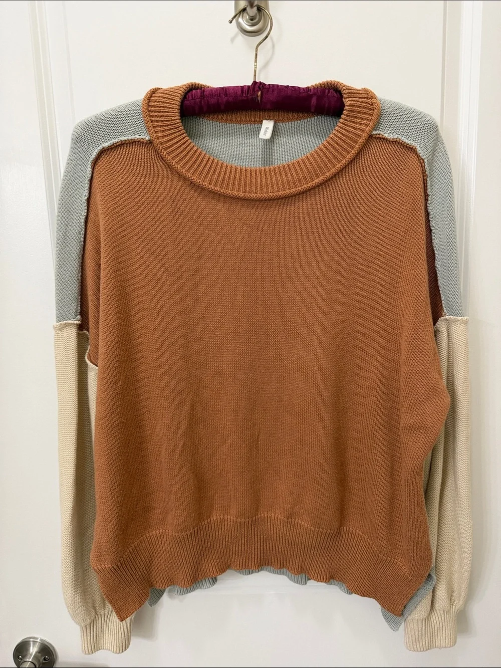 Wishlist Colorblock Crewneck Sweater in Rust, Light Gray, and Cream